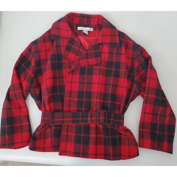 The Limited Vintage Open Front Belted Plaid Wool Blend Jacket Size Medium/Large - Picture 2 of 9